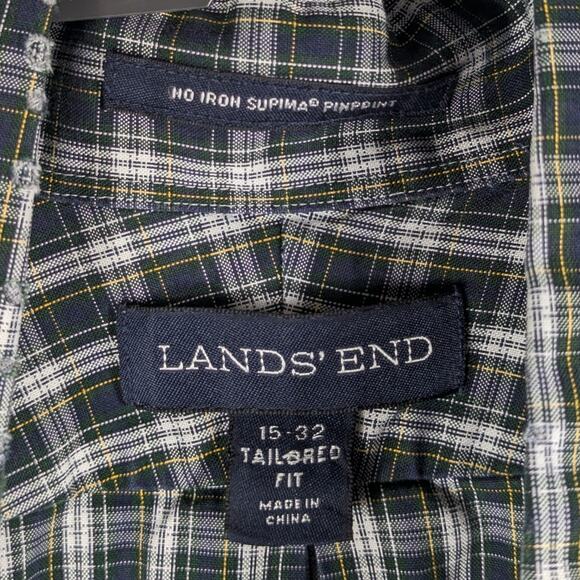 Lands’ End Men 15-32 Shirt Tailored Supima No Iron Plaid Button Down Long Sleeve - Picture 2 of 4